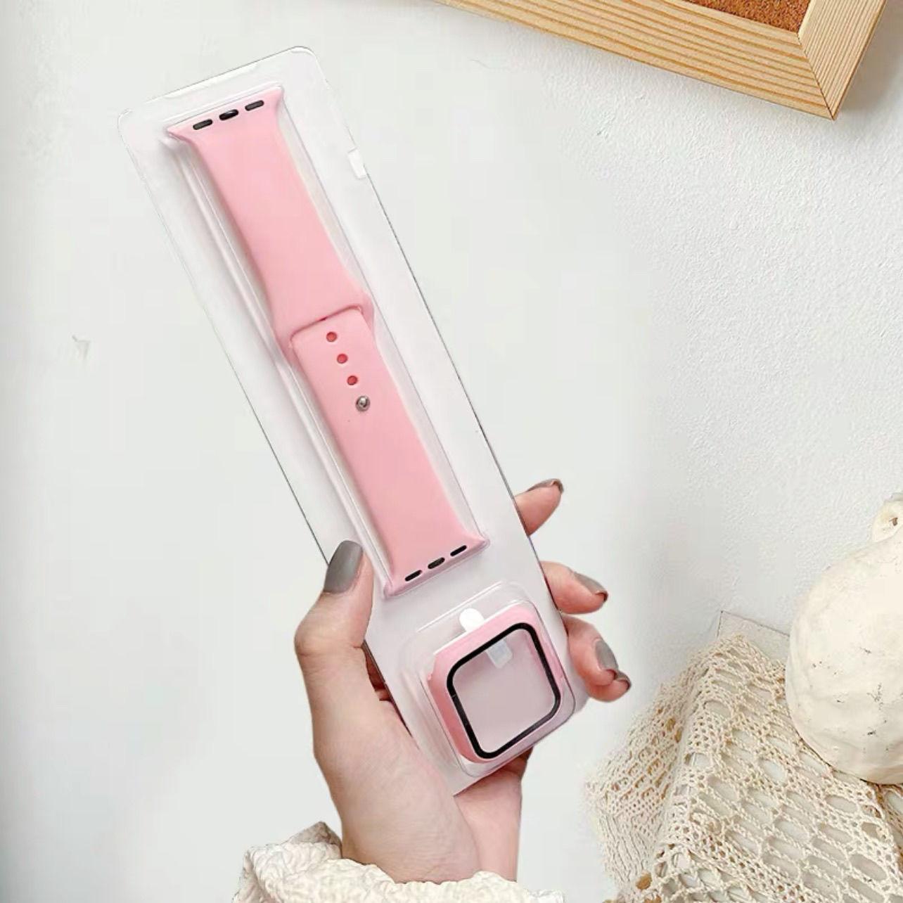 

Стекло + чехол + ремешок 3 в 1, защитный корпус для Apple Watch, силиконовый защитный чехол iWath, чехол для ремешка для часов 2 в 1 для iWatch 2, 3, 4, 5, 6 iWatch 45mm розовый