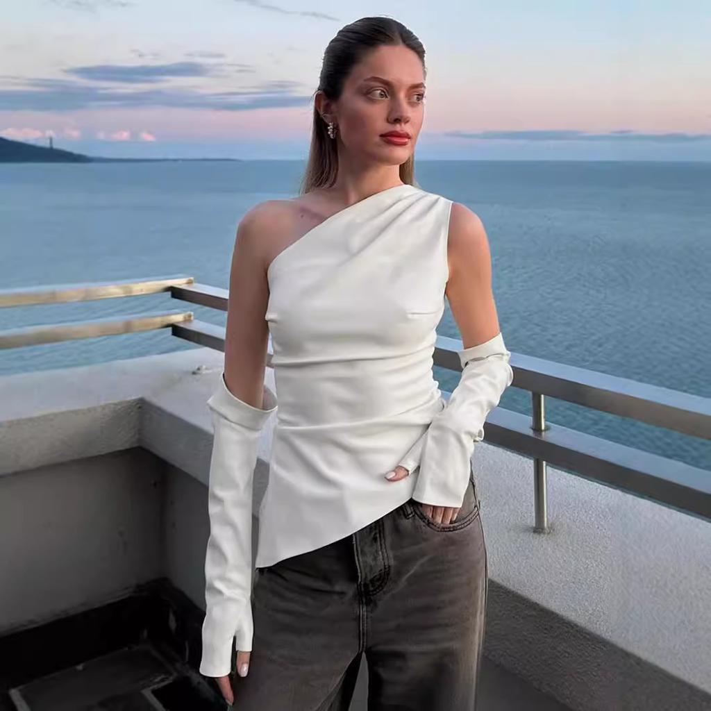 Women's Autumn New Street Hipster Sleeveless Diagonal Neck PU Leather Vest Plus Sleeve Top