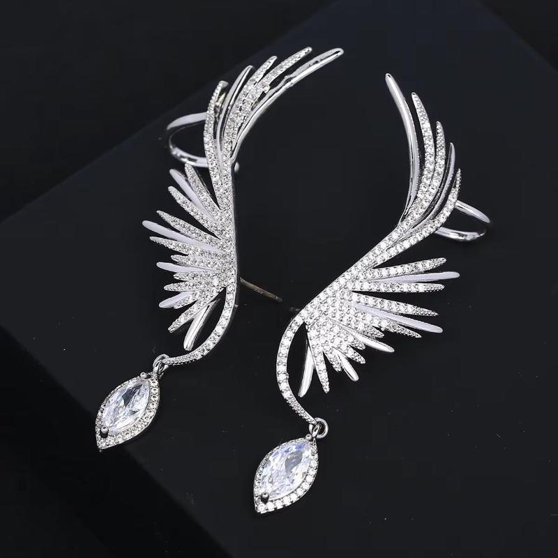 Simple Alloy Long Wing Stud Temperament Feather Earrings Silver Wings Shape Elf Ear Cuff Earrings Jewelry Accessories Gifts
