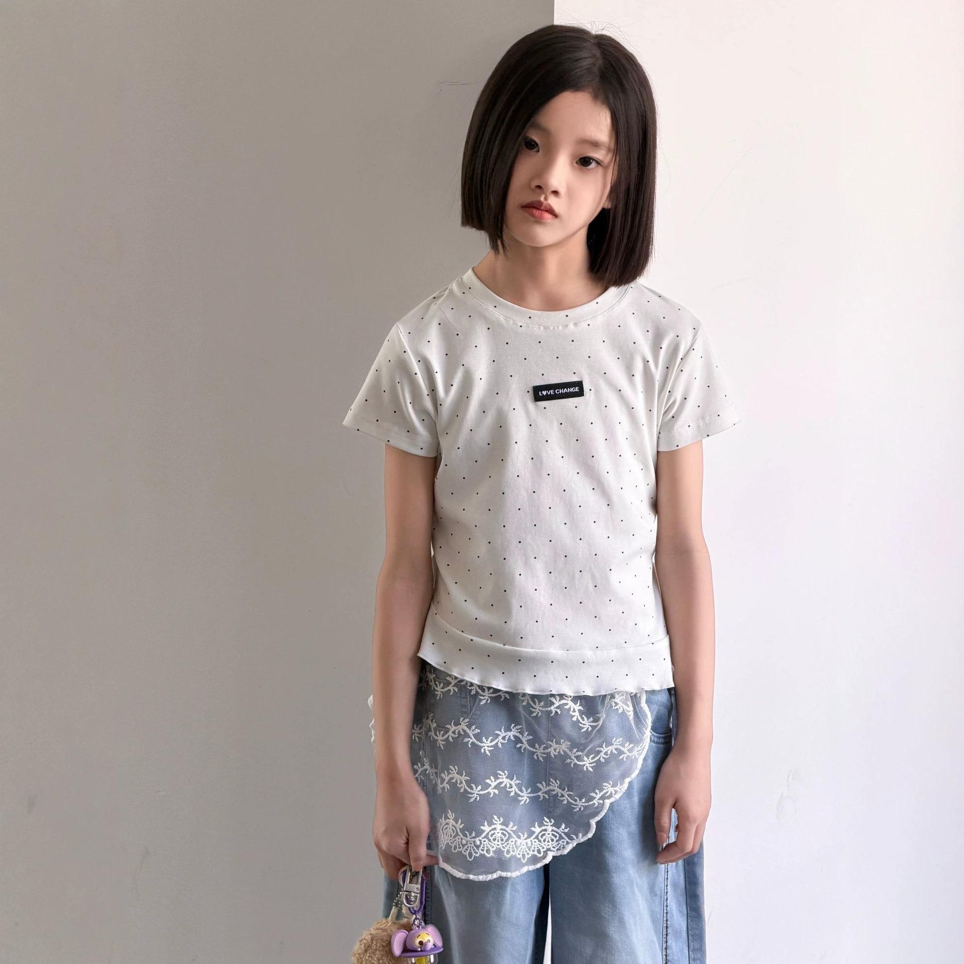 Girls Polka Dot Slim Fit Short Sleeve T-shirt - Round Neck Casual Summer Top 130 cm