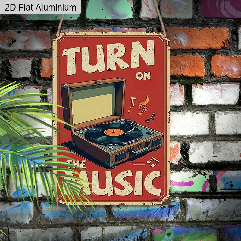 2D Flat 1pc Vintage Music Inspired Aluminium Wall Art Sign Turn on The Music 8x12 Inch Aluminium Rustic Home Bar Decor Music Studio Wall