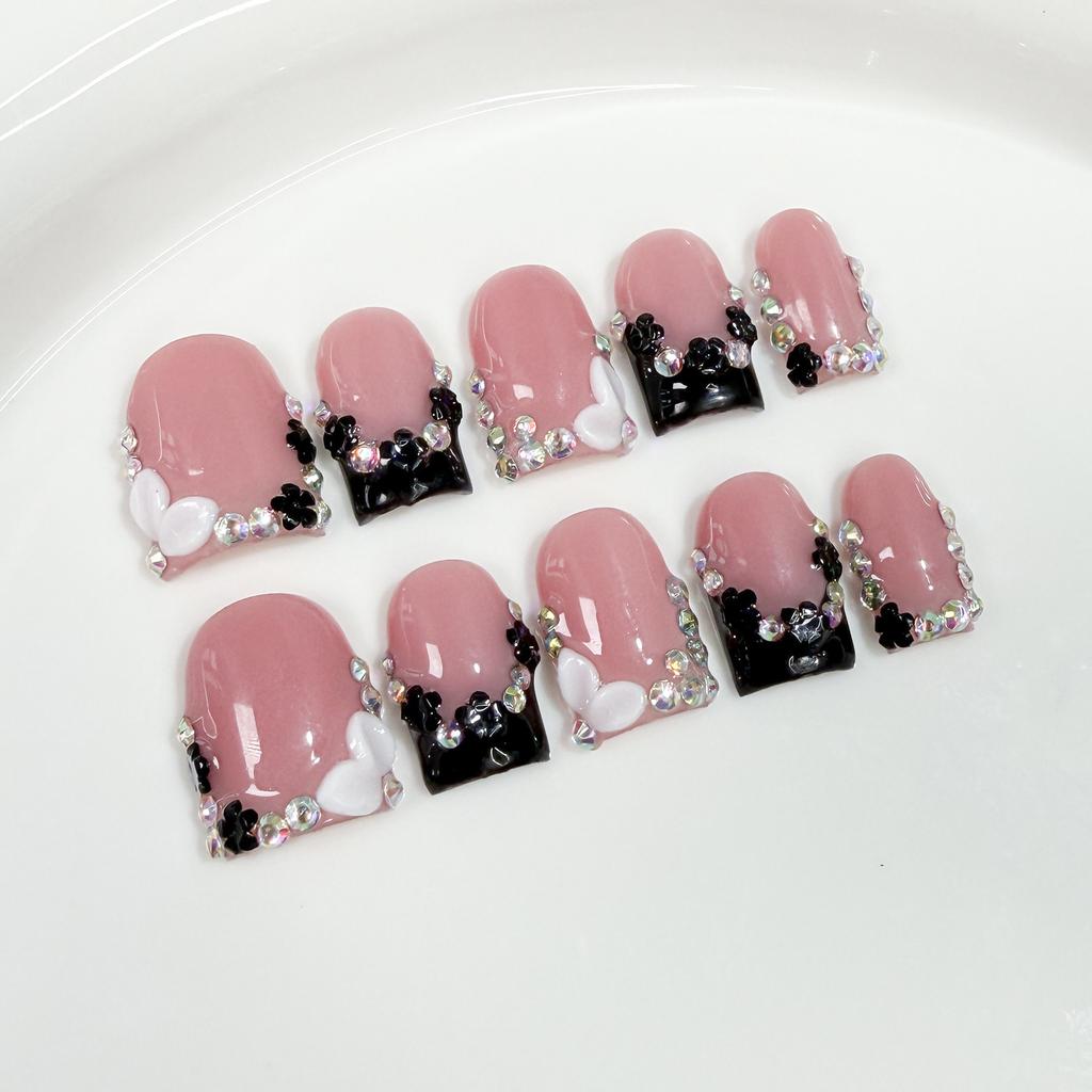 10pcs Nude Pink Handmade Press On Nails Short Square Bow Flower Diamond French Tip Fake Nails