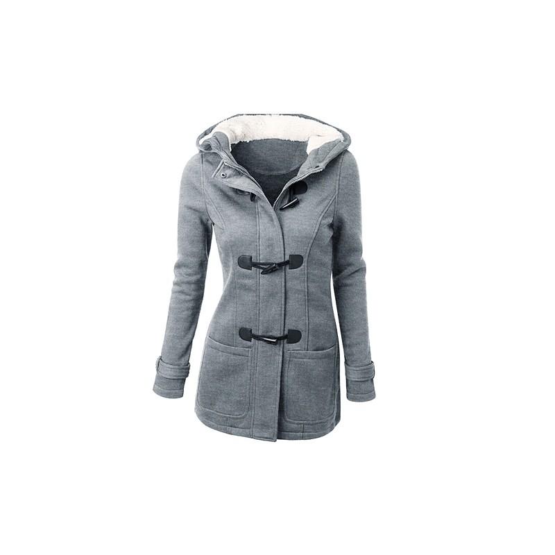 Damen Kapuzenjacke aus Baumwoll-Polyester-Mischung mit Reißverschluss und Hornknöpfen Figurbetonter Schnitt Schicke Pendler-Außenbekleidung