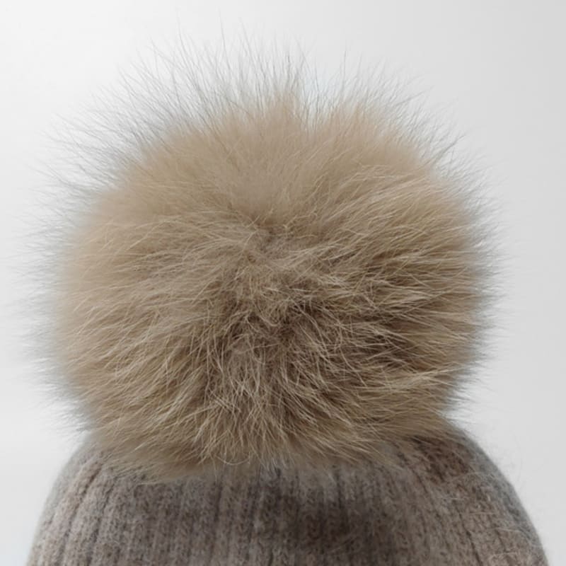 MAIA Fox Fur Pom Pom Beanie Hat - Brown