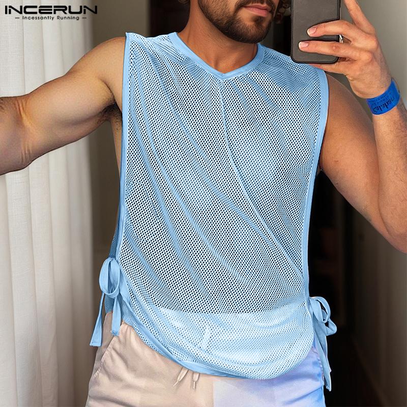 INCERUN Vară Bărbați Fără mâneci Șiret lateral Gol Vezi prin Maiouri de plajă