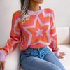 Women Y2K Autumn Winter Contrast Star Long Sleeve Pullover Sweater O Neck Knitted Tops