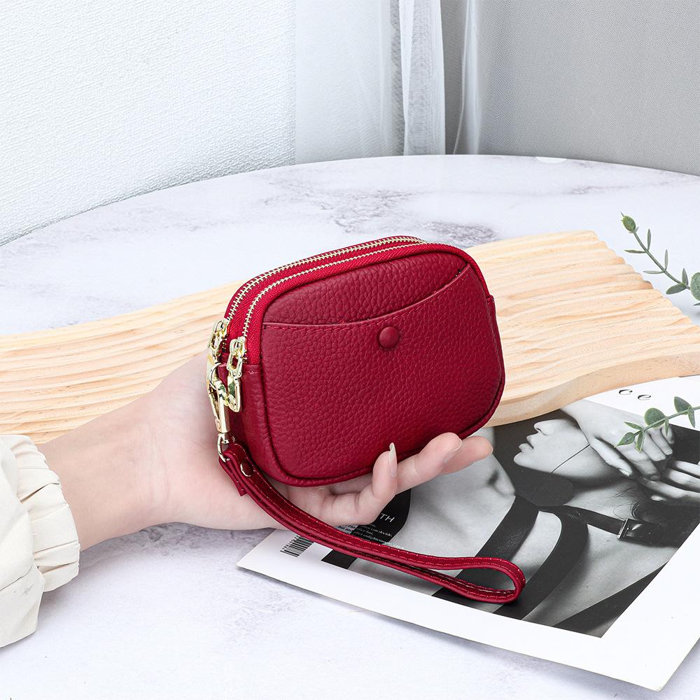 Women's Hand-held Change Purse Large-capacity Double-zipper Loose Money Lipstick Key Storage Bag First-layer Cowhide