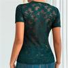 Spring Summer V-Neck Short Sleeve Lace Tshirt Woemen Solid Color Women's Slim Fit Thin Sexy Tshirt Elegant Semi Transparent Crop Tops