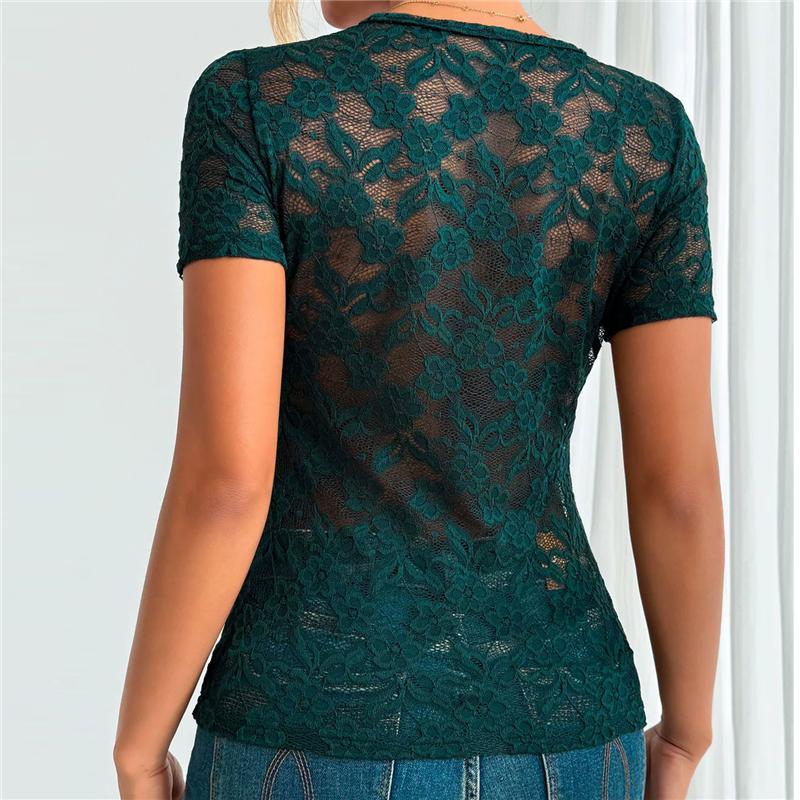 Spring Summer V-Neck Short Sleeve Lace Tshirt Woemen Solid Color Women's Slim Fit Thin Sexy Tshirt Elegant Semi Transparent Crop Tops