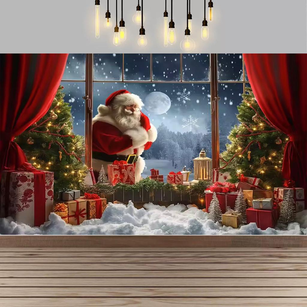 Christmas Red Curtain Decoration Backdrop Winter Snow Scenery Fireplace Santa Claus Photography Backdrop Holiday Party Supplies