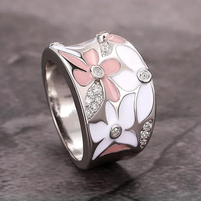 2025 Women's Wedding Party Beautiful Enamel Flower Ring New Silver European and American Style Luxury Zircon Jewelry Gift