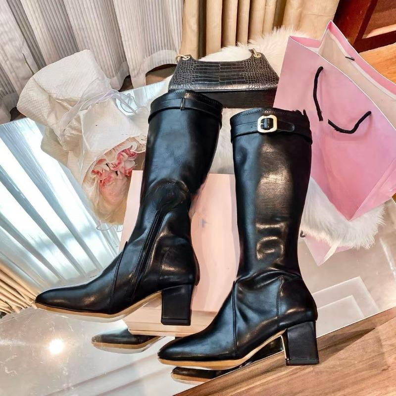 

This MIUU new retro belt buckle side zipper thick heel boots autumn and winter new thin boots high 40 чорний