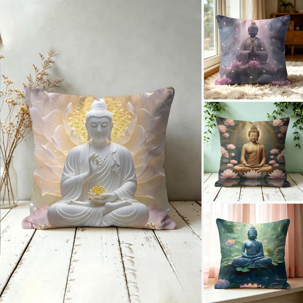 Exquisite Ornaments Unisex Buddha Statue And Lotus Pillow Case Double-Sided Plush Sofa Cushion Covers Organic Breathable Invisible Zipper