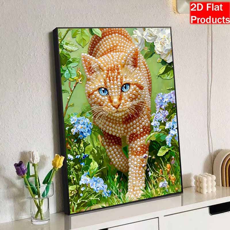 3D Pearl Painting Kit Ginger Cat Design Frameless DIY Bead Art Canvas Leisure Handmade Craft for Bedroom Wall Decor