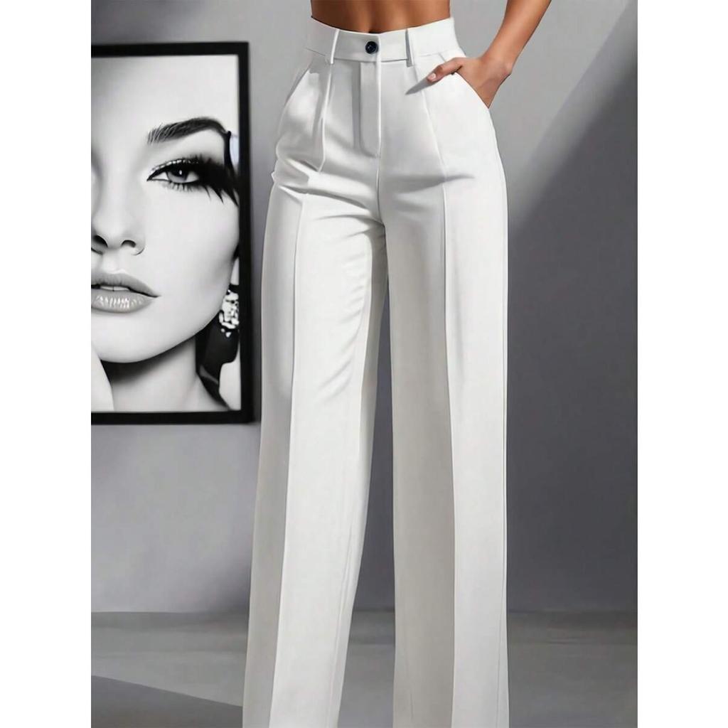 Jednokolorowe spodnie casual, Damskie spodnie z wysokim stanem, plisowane, luźne, Spodnie do pracy