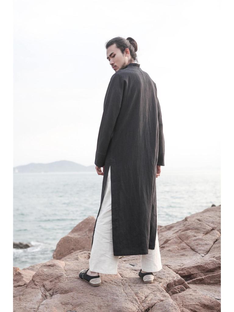 Ležérní dlouhé šaty Hanfu ve stylu éry Republiky, taoistický lněný župan s pan sponou a měděnými knoflíky