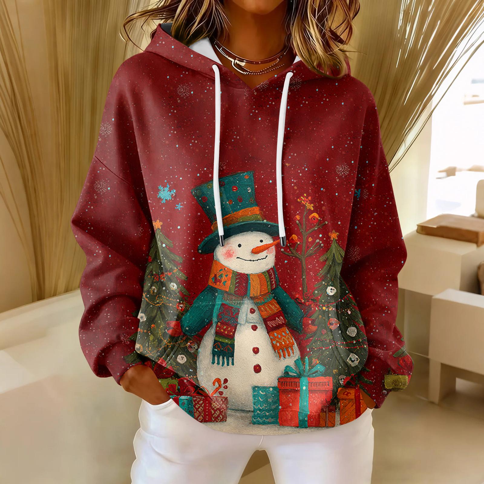 

Women s Loose Comfortable Casual Fashion V-Neck Christmas Print Long Sleeve Hoodie L