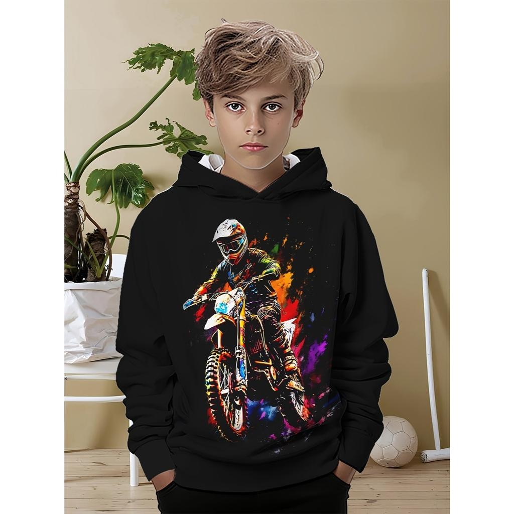 Boys' Colorful Motorcycle Rider 3D Printed Long Sleeved Hooded Sweatshirt, Boys' Spring and Autumn Sportswear