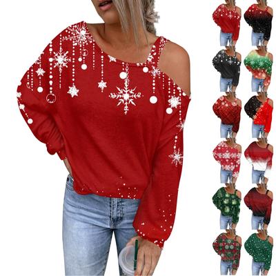 Women's Hollowed Out Fashionable Casual Floral Print Off Shoulder Hoodie Top Christmas