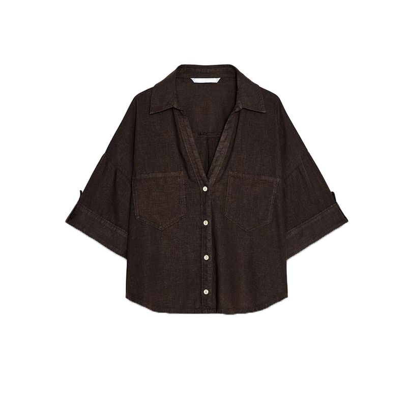 Spring New Women's Clothing Simple Stickers Pocket Decoration Linen Blended V-neck T-shirt Shory Style Shirt Tops 2187572