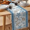 Ocean Starfish Seashell Coral Blue Striped Linen Table Runner Holiday Party Decor Summer Nautical Theme Table Runners Home Decor
