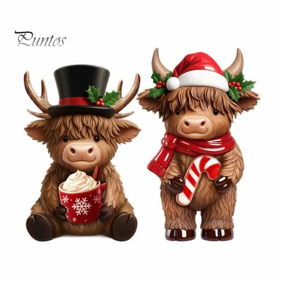 Niedliche Tier-Schreibtischdekorationen 2 Stück Weihnachts-Hochlandrind-Figuren, Harz-Weihnachtsmann-Rentier-Kuh, mit Hut, Dekorative Sammlerstücke für den Innenbereich Heiß