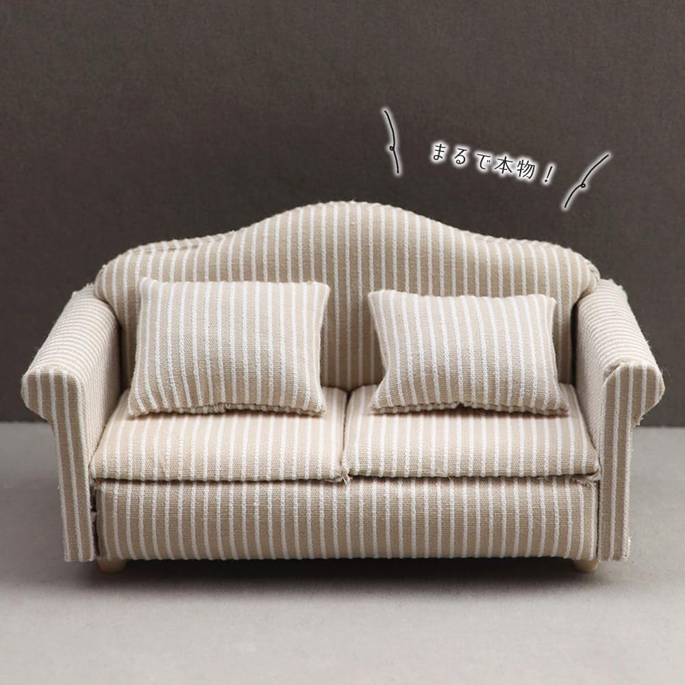 Moin Moin Miniature Furniture 1/12 Scale Sofa Set 3 Pieces White Beige Striped Fabric Dollhouse Accessories