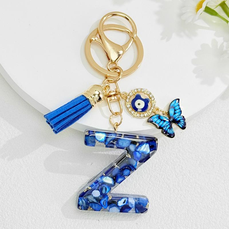 Fashion Blue Glazed Stone A To Z Letter Keychain 26 Initials Alphabet Butterfly Tassel Pendant Car Keyring Women Jewelry Gifts