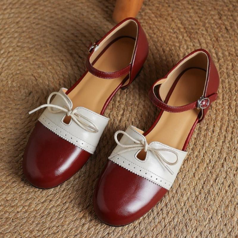 

Fashion Retro Burgundy Low Heel Pumps Women Fashion Mixed Colors Blocking Sewing Ankle Buckle Designer Shoes Elegant Comfort Dress Shoes 35 коричневый