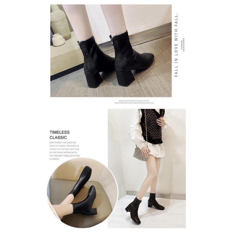 Women's Boots, Winter Square Head Back Zip Short Boots, Women's Chunky Heel Middle Heel Boots Women
