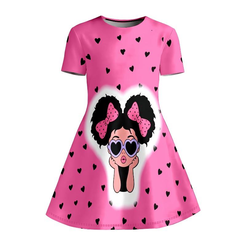 Cute Cartoon Girl Wearing Sunglasses Printed Children's Girl Casual Dress Short Sleeved A-line Dress Suitable for Birthday Gifts