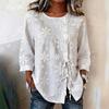 Women's Crew Neck Three Quarter Sleeve Top Loose Fit Floral Embroidery Drawstring Casual Blouse