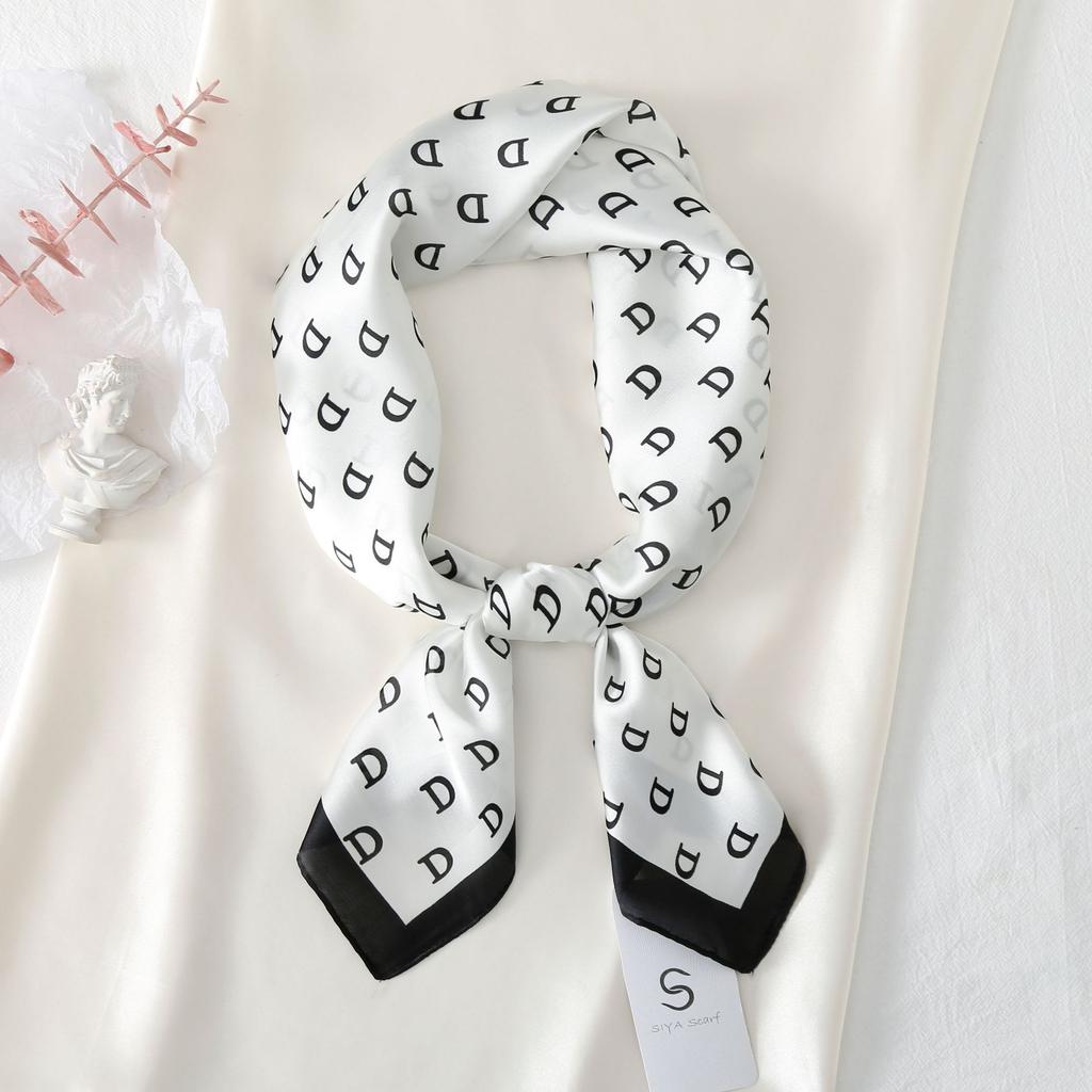 Silk scarf female stripe black and white printing spring and summer new decoration simple fashion simulation silk square scarf