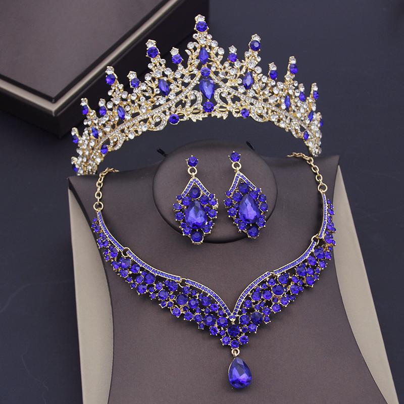 Gorgeous Pink Crystal Bridal Jewelry Sets for Women Wedding Crown Earring Tiaras Necklace Set Bride Prom Dubai Jewelry Sets