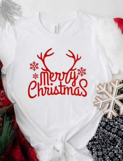 Christmas Theme Reindeer And Snowflake Print Crew Neck T-Shirt size S to 5XL