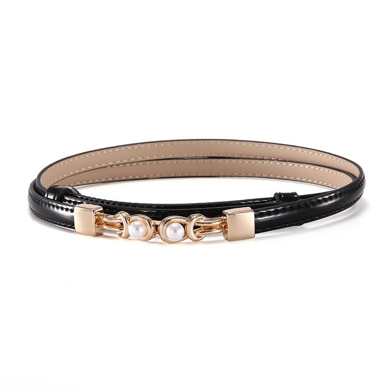 Pearl Embellished Genuine Leather Skinny Belt For Women With Silver Alloy Buckle For Dresses And Blouses