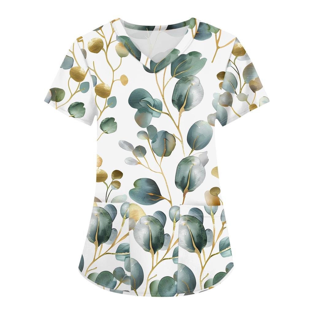 Damesmode werkkleding met V-hals, korte mouwen en bedrukte zakken