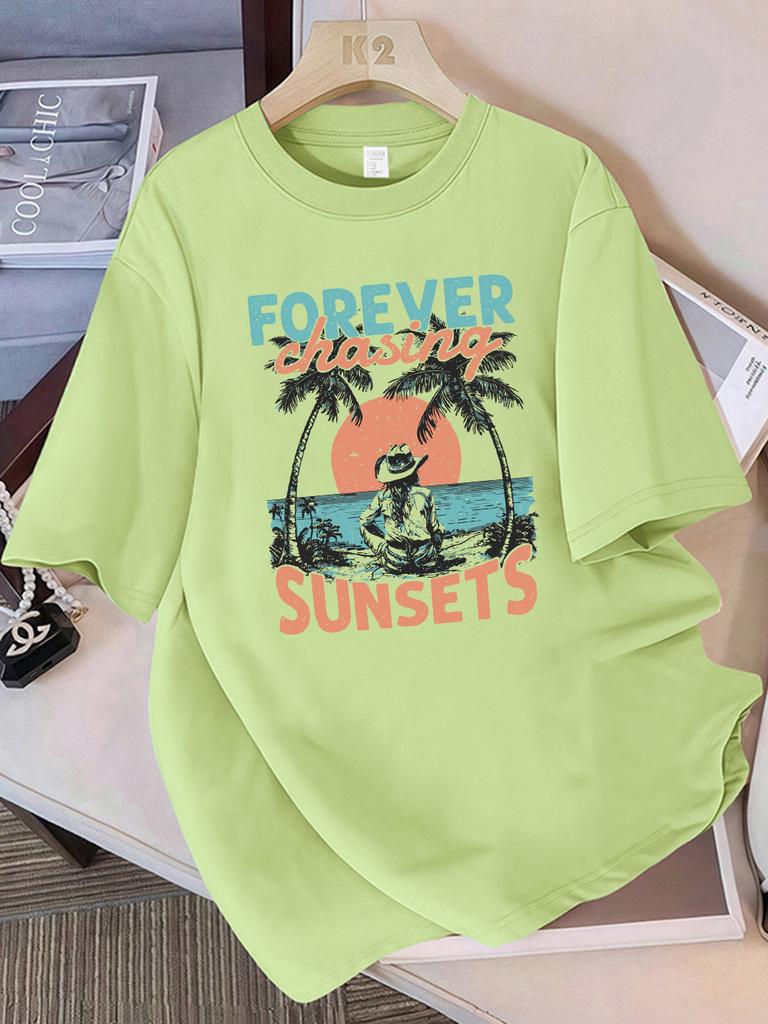 Summer T-Shirts Cotton Womens Forever Chasing Sunsets Cowgirl Printing Short Sleeve Comfortable Soft O-Neck Tops Basic Clothes