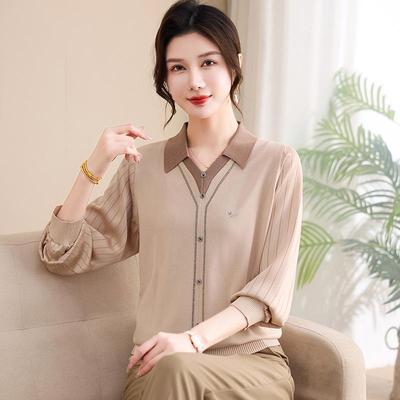 Chiffon Seven-Sleeve Knit Top - Spring & Autumn Lapel Shirt for Middle-Aged Women