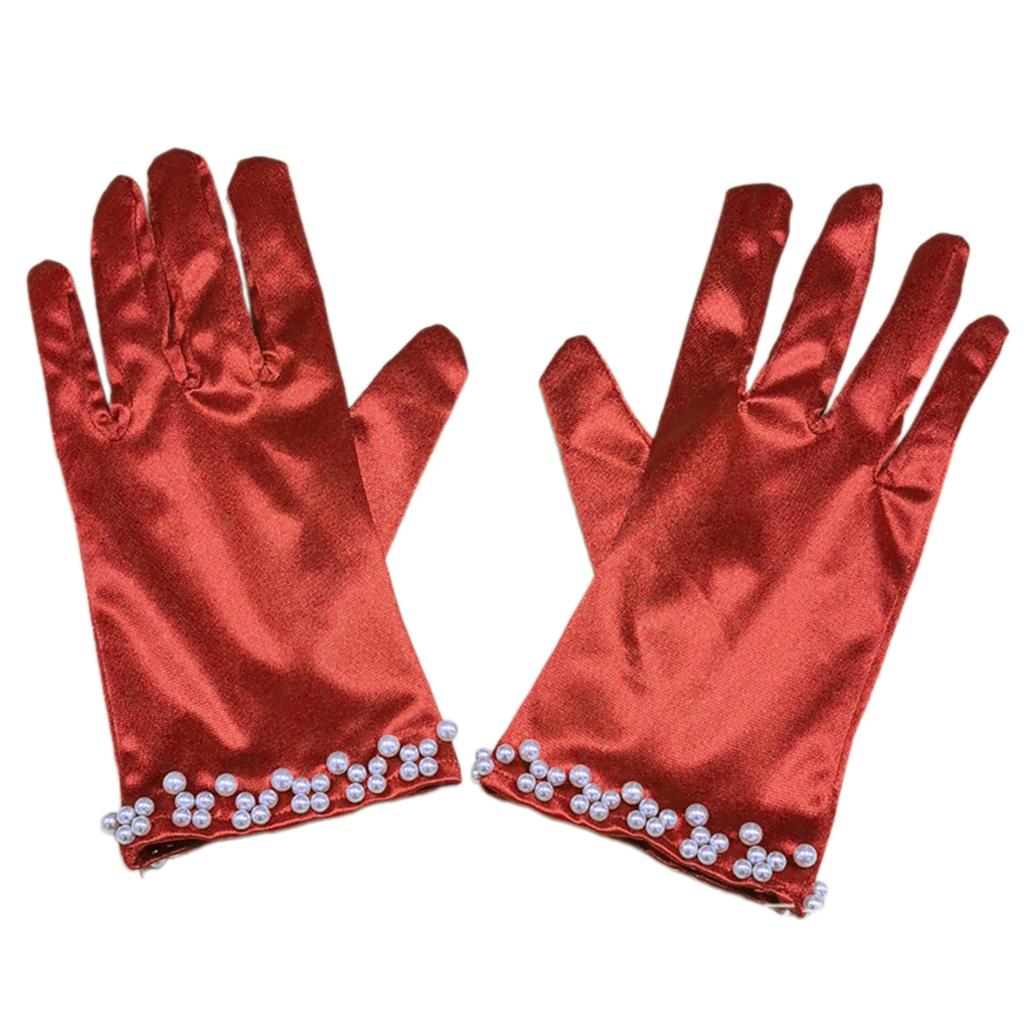 Satin Gloves Evening Galas Gloves with Beaded Trim Short Gloves Wedding Bride Gloves Formal Occasion Stage Props Gloves