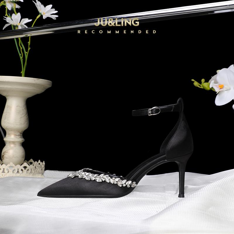 Fashion White Silk Rhinestone Pointed High-heeled Shoes, New Rhinestone Wedding Shoes, Bride's Shoes, One Piece with Toe Cap Sandals