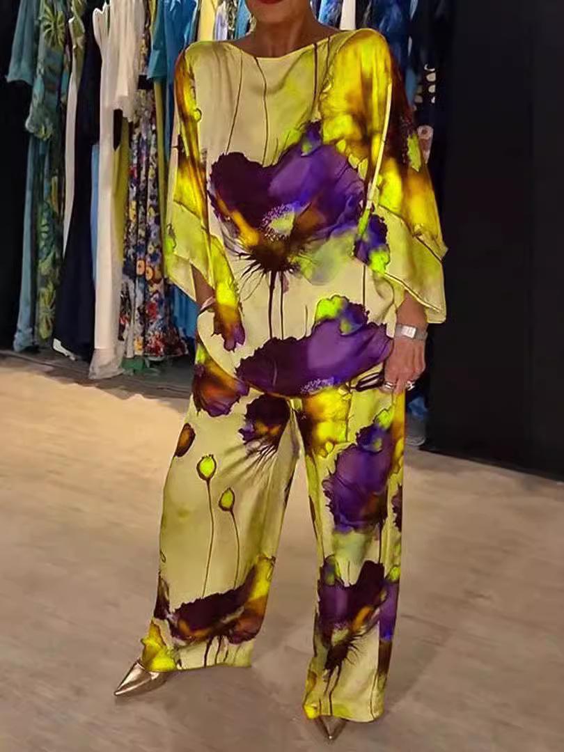 

Осень 2024 Городской шик Комплект с брюками с открытыми плечами и рукавами «летучая мышь» M жёлтый