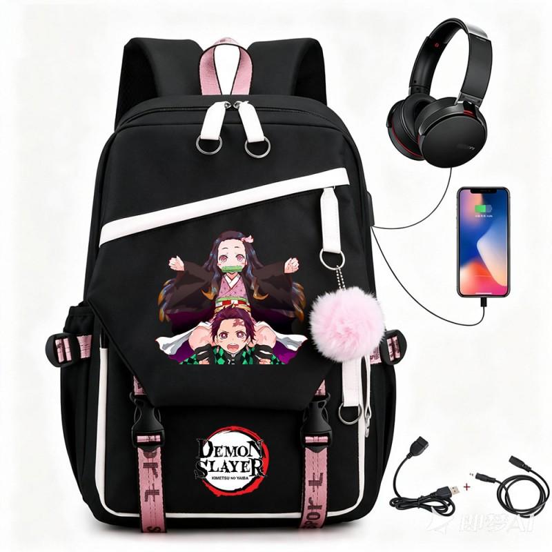 Anime Printed Canvas Backpack With USB Charging Port Teens Students School Travel Unisex
