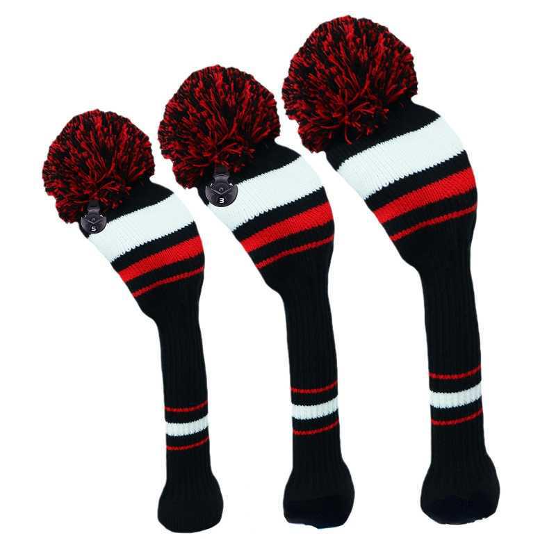 Striped Golf Club Headcovers - Set of 3 Knit Protective Covers for Woods (1/3/5) with Pom Pom Design.