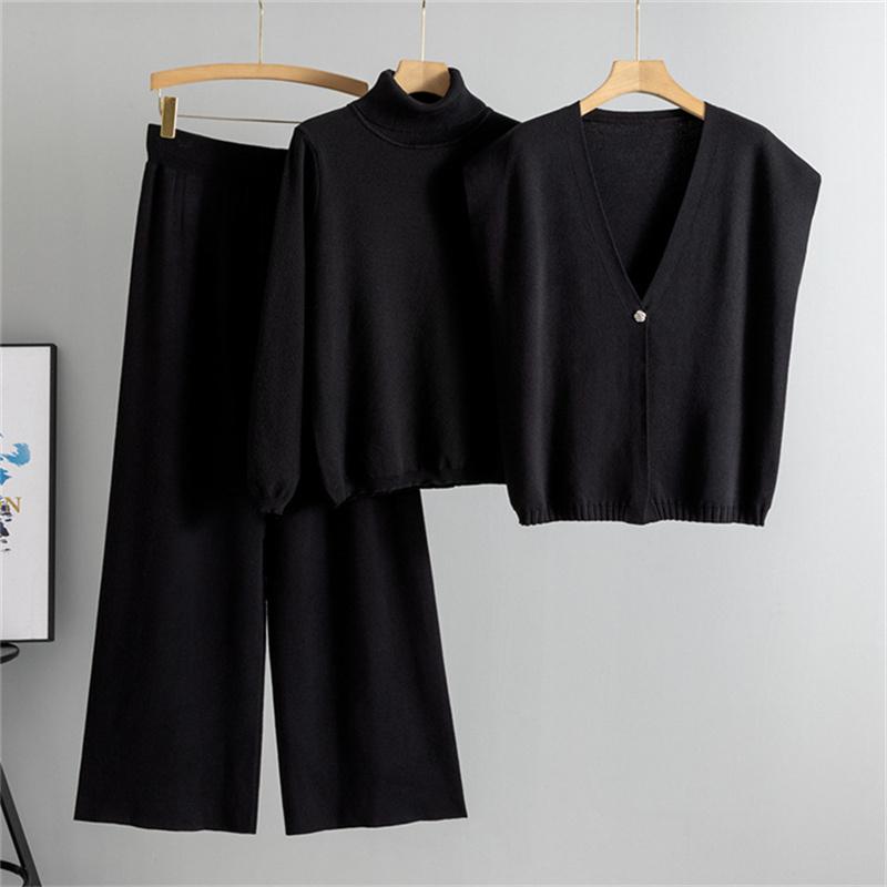 

Женский повседневный костюм на весну и осень, модный свитер с высоким воротником, кардиган, жилет, брюки широкого кроя, вязаный комплект из трех предметов One Size чёрный