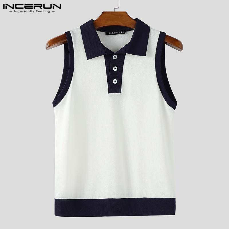 INCERUN Summer Men Lapel Sleeveless Stitching Casual Thin Fitted Tank Tops