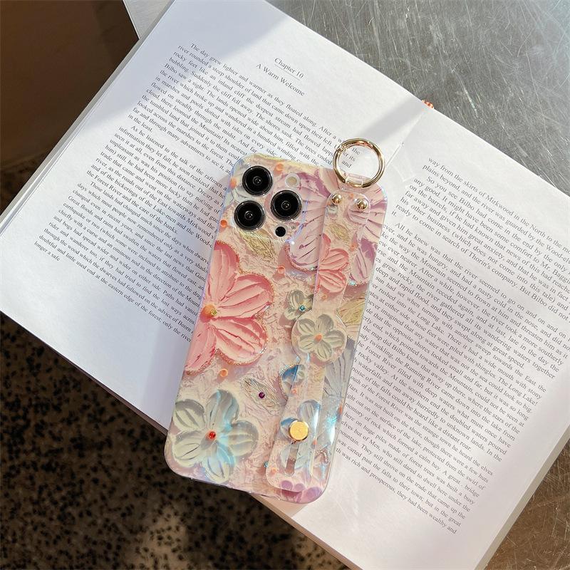 Oil Painting Flower Wrist Strap Diamond Phone Case For Iphone 16 15 Pro Max