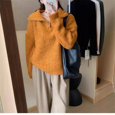 Retro einfacher Halbzipper Revers Strickpullover Damen Herbst und Winter Neu Blumengarn Weich Wachsig Sanft Pullover Pullover Trend