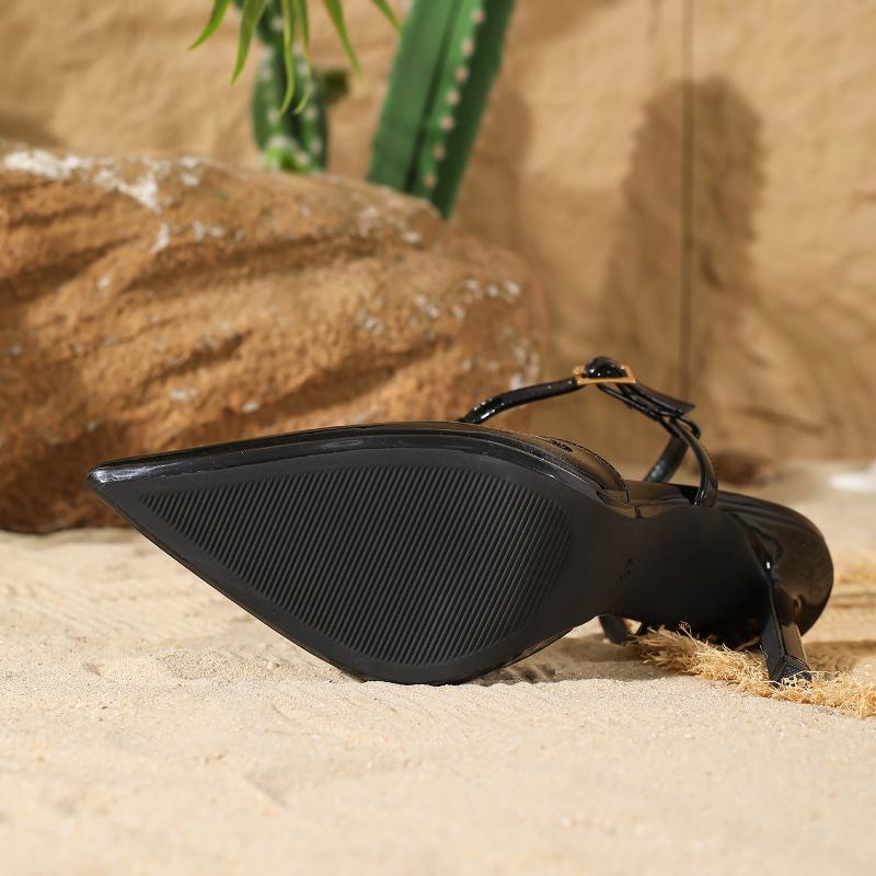 Black Pointed Toe T Strap Design Brand Pumps Women High Quality Patent Leather Ankle Buckle Dress Shoes Tacones Mujer Elegantes