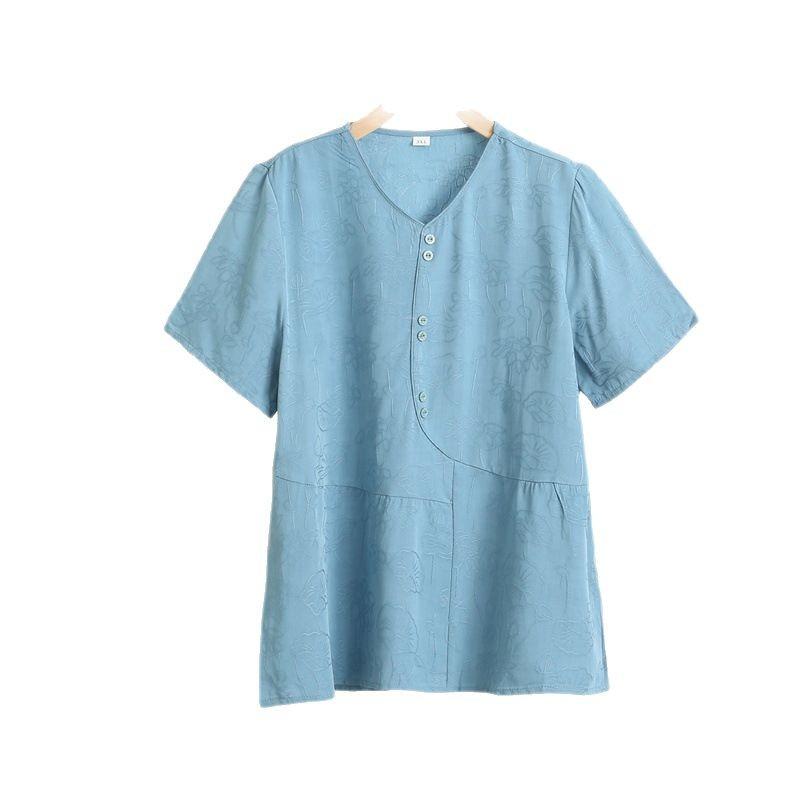

2025 new jacquard craft cotton silk T-shirt dress women s summer thin loose V-neck blouse M аква голубой